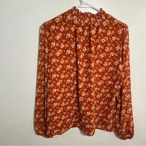 J. Crew Factory Women's Smocked Shirt Orange Floral‎ Long Sleeve Mock Neck AS356 thumbnail 7