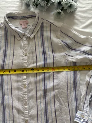 St Tropez West Womens L 100% Linen Striped Tunic Shirt Blue White Beach Vacation thumbnail 4