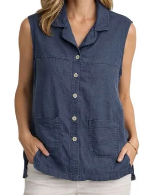 Talbots‎ Linen Blend Button Front Vest Medium Blue Sleeveless Vintage Top thumbnail 1