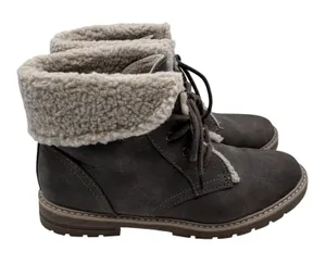 Sonoma‎ Women's 9 Taupe Boots Faux Fur Trim Lace Up Ankle Booties thumbnail 1