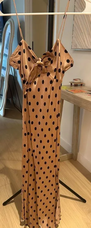 Champagne and black polka dot satin midi dress with tie front detail thumbnail 3