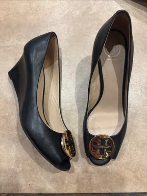 Tory Burch Black & Gold Sally Peep Toe Leather Wedges thumbnail 1