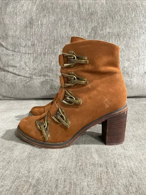 Jeffrey Campbell Climber Bootie Size 7.5 Brown Suede Ankle Bootie Brass Clips thumbnail 7