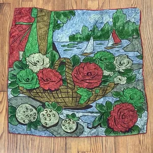 Vintage Impressionist Floral Basket‎ Sailboat Lake Scene Square Scarf Red Green thumbnail 1