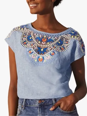 Boden Fleur Linen Embroidered Top in Chambray 12 thumbnail 12