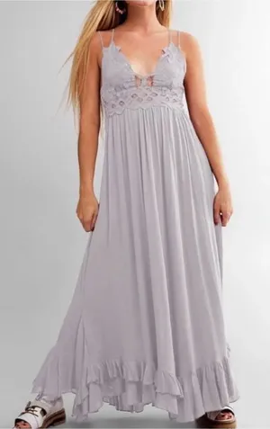 Free People Adella Crochet Lace Maxi Slip Dress in Light Gray Size Medium thumbnail 1