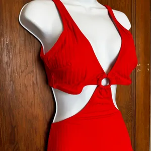 NWT Aerie Wide Rib Cut Out Ring One Piece Swimsuit‎ Red L Monokini thumbnail 2