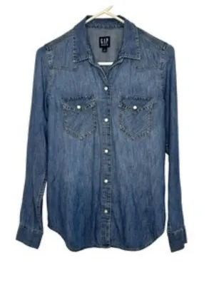 Gap Denim Pearl Snap Western Shirt Medium Wash Blue Long Sleeve Cotton S thumbnail 2