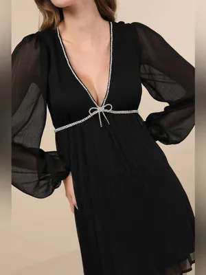 Lulus Stylish Shine Black Rhinestone Bow Long Sleeve Mini Dress Size small thumbnail 3