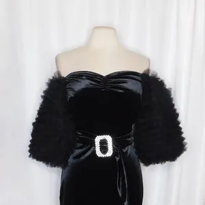 NWT!! ZARA Black Velvet Dress Ruffled Tulle Sleeves Rhinestone Party Cocktail thumbnail 4