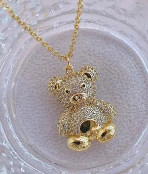 Beautiful Gold Teddy Bear Crystal Necklace, Bling, Cute for Wife, Daughter thumbnail 1