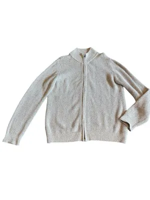 L.L. Bean Zip-Down Cardigan Sweater Ribbed Stretch Light Grey Size Large Women's thumbnail 1