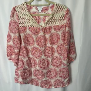 Calypso St Barth Target 100% Silk Blouse Size M Medallion Print Crochet Top thumbnail 2
