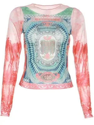 Y2K Mesh Money Print Long Sleeve Top Pink Tie Dye Baby Tee thumbnail 1