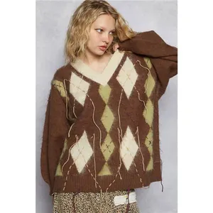 POL V-Neck Argyle Pattern Mohair Sweater with‎ Contrast Exposed Stitch Detail thumbnail 12