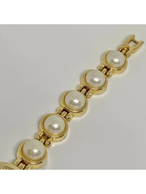 Vintage women’s watch faux pearls gold tone links 21mm quartz 7” running thumbnail 4