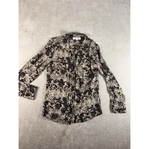 jennifer & grace blouse button up black beige‎ print top thumbnail 3