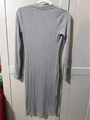 Socialite Gray Ribbed Button-Up Long Sleeve Dress with Pock thumbnail 5