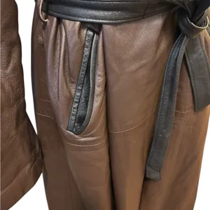 VTG Brown Leather Trench Coat Belted Contrast Trim Minimalist Chic Sz 16 Lined thumbnail 4