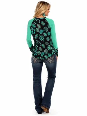 Crazy Train Turquoise Jewelry Print Western Boutique Raglan Top Medium M Cowgirl thumbnail 5