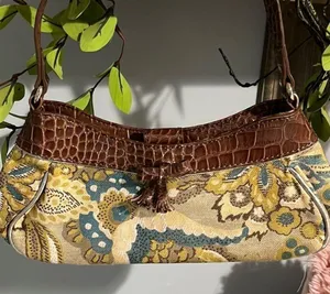 Liz Claiborne Purse Small Alligator Look Strap Floral Brown Gold Shoulder Bag thumbnail 15