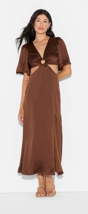 ✨Wild Fable Women’s Flutter Sleeve Satin Cape Maxi Brown Sz Large Dress✨ thumbnail 1