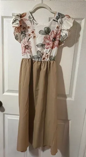 Floral print dress with pink, brown, and green flowers on a white background #floraldress #summerdress thumbnail 1