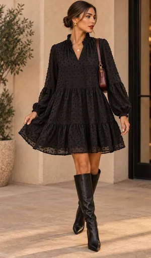 CeCe Black Swiss Dot Tiered Mini Dress Ruffle Neck Balloon Sleeve NWT XS thumbnail 1