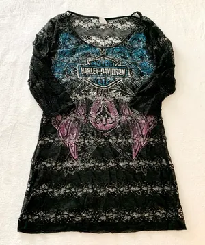 Harley-Davidson Sheer Lace Graphic Tunic‎ Womens Size M Black Biker Y2K HD106BLK thumbnail 1