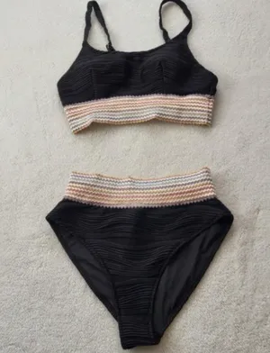 NWT Blooming Jelly Black High Waist Bikini Set Ribbed Crop Top Swimsuit‎ M thumbnail 1