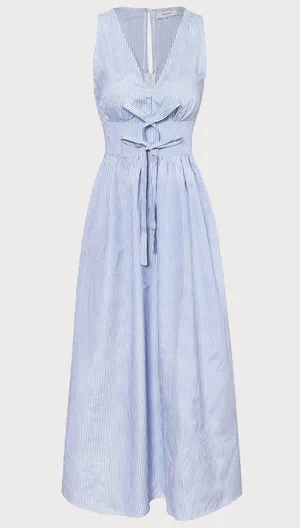 Rihoas Blue V Neck Shirred Striped Maxi Dress thumbnail 6