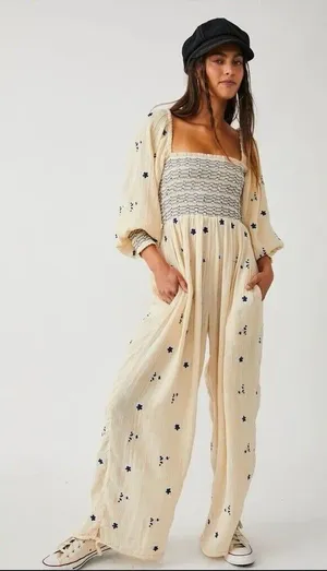 Free People Dahlia Embroidered Jumpsuit Smocked Off The Shoulder Pull-On Med NEW thumbnail 1