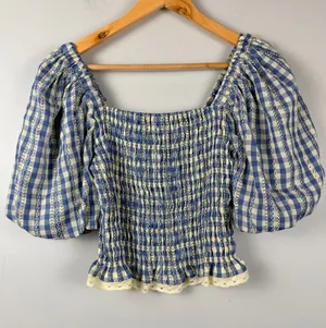 English factory blue cream gingham floral smocked puff sleeve top size XS thumbnail 1