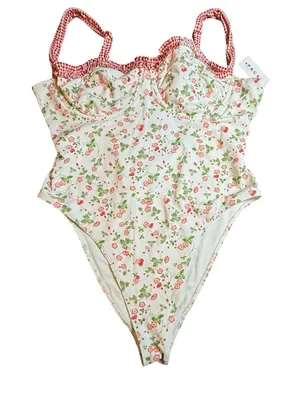 PacSun Swim Eco Floral Strawberry Underwire One Piece Swimsuit XL Gingham Tie thumbnail 1