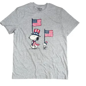 Peanuts Snoopy Woodstock American Flag Graphic T-Shirt Gray Large Patriotic Tee thumbnail 1