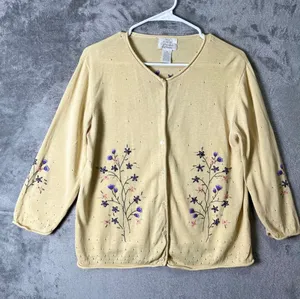 Vintage Cottagecore Yellow Floral Embroidered Cardigan Soft Girl Grandpa Core MD thumbnail 1