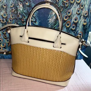 Dooney & Bourke Cream Leather and Tan Woven Structured 2 Way Satchel thumbnail 6