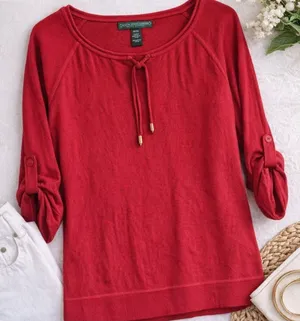 Lauren Ralph Lauren Red Cotton Tie Neck Top Roll Tab Sleeve Women M thumbnail 1