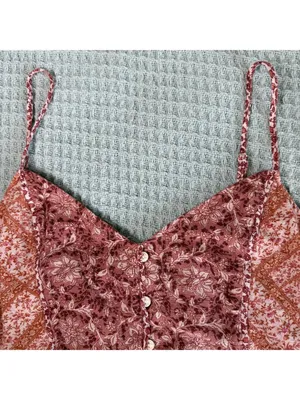 American Eagle Linen Blend Cropped Tank Top Women Medium Pink Orange Floral Boho thumbnail 3
