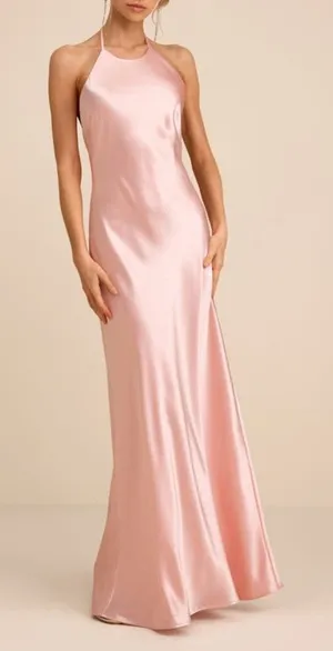 NEW Lulus Magnificence Blush Pink Glossy Satin Backless Halter Maxi Dress Large thumbnail 1
