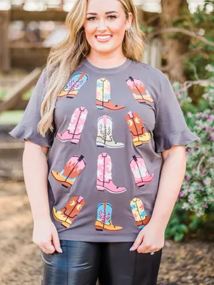 Layerz Clothing Carrie’s Boot Tee in Charcoal Grey‎ Med Nashville Cowboy Cotton thumbnail 10