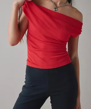Urban outfitters women’s red mesh off the shoulder top thumbnail 1