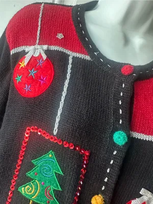 Vintage Karen Scott Holiday Cardigan Black Red Embroidered Ornaments M thumbnail 6