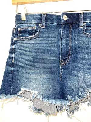 American Eagle Dark Wash Blue Raw Hem Frayed Denim Hi-Rise Shortie Jean Shorts thumbnail 2