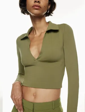 Aritzia Babaton Contour Long Sleeve Polo Women Size M Seamless Stretch Top Boho thumbnail 1