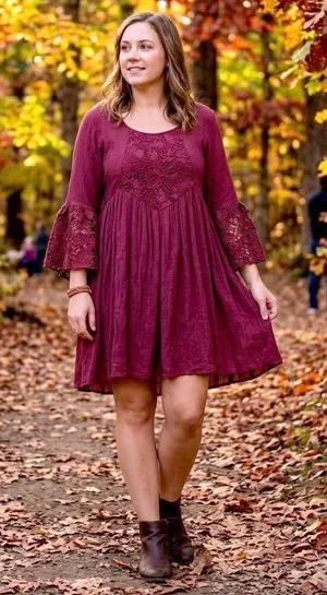 Frazzle Burgundy Lace Crochet Bell Sleeve Boho Mini Tunic Dress Large Wine Red thumbnail 1