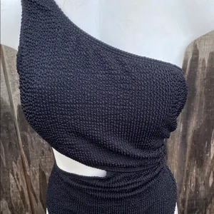 Woman’s New XL Elegant Black One-Shoulder Mokini Side Cut Out Textured Retro thumbnail 3