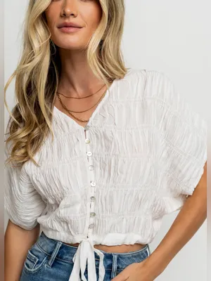 Boheme Alma Smocked SS Blouse White Boxy Summer Buttons Crisp Boho NWT thumbnail 1