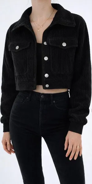 Women’s Cropped Black Corduroy Snap Button Jacket Structured Fit Size Small thumbnail 1