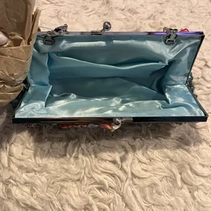 Hand Beaded Shell Clutch Purse Teal Blue Kiss Lock Evening Bag w/ Chain thumbnail 11